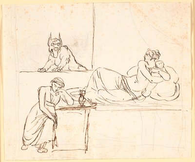 Une femme allongée avec un nourrisson sur un lit, voit un monstre apparaître à la fenêtre. Au pied du lit, une femme endormie est assise - Nicolai Abildgaard