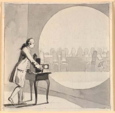 Un homme avec une lanterne magique montre une image de la salle du conseil d
