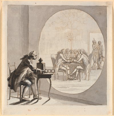 Un homme avec une lanterne magique montre une image du conseiller d