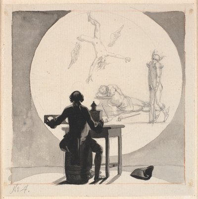 Un homme avec une lanterne magique montre une image du déclin du commerce et de l