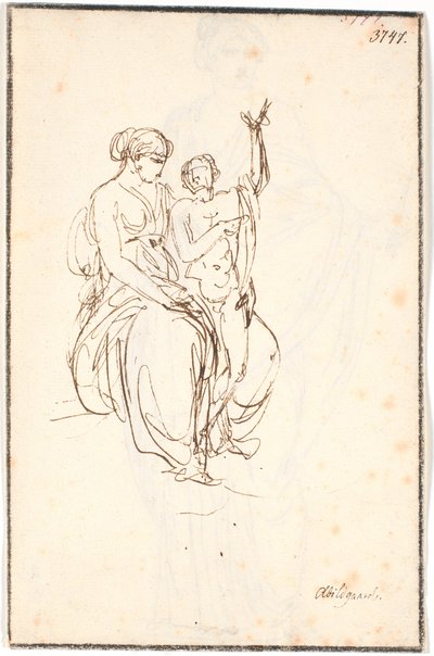 Jeune femme assise avec un garçon nu debout levant un bras - Nicolai Abildgaard