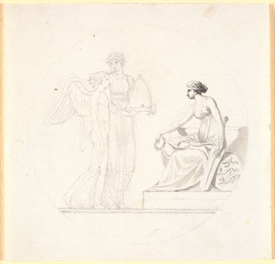 Une jeune femme avec une ruche conduit un jeune homme ailé vers une figure féminine assise - Nicolai Abildgaard