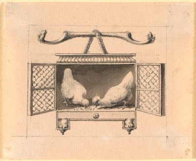 Un couple de poules dans une cage picorant des grains - Nicolai Abildgaard