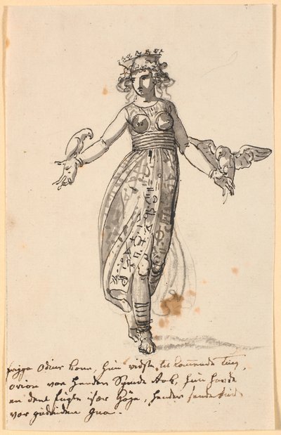 Frigga marchant avec des faucons sur les bras tendus. Et quelques lignes avec les notes de l