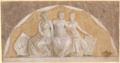 Champ semi-circulaire avec trois figures féminines rondes, les deux extérieures avec des boucliers semblant représenter la Norvège et les pays nord-allemands (Stormarn et Ditmarsken?). La figure centrale symbolise probablement le Danemark - Nicolai Abildgaard