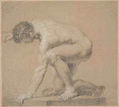 Modèle à demi-agenouillé. Genou droit appuyé sur un coussin. Bras droit levé derrière la tête. Bras gauche appuyé - Nicolai Abildgaard