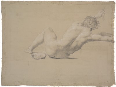 Modèle à moitié allongé. Vu de dos. Bras gauche tendu, main tenant une corde. Jambes pliées, droite sous gauche - Nicolai Abildgaard