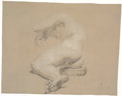 Modèle à moitié allongé sur un coussin. Vers la gauche. La tête repose sur le bras droit, soutenu par un socle. Le bras gauche au-dessus de la tête. Les jambes pliées au genou. La jambe gauche sur la droite - Nicolai Abildgaard