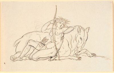 Figure féminine avec des flèches et un carquois, assise appuyée contre un animal fantastique (peut-être un fourmilier). Allégorie de l