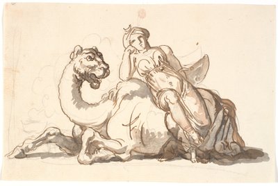 Figure féminine avec turban et croissant de lune, assise appuyée contre un chameau fantastique. Allégorie de l