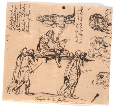 Le triomphe de la justice. Quatre hommes armés portant une civière, avec une figure allongée et une figure assise - Nicolai Abildgaard