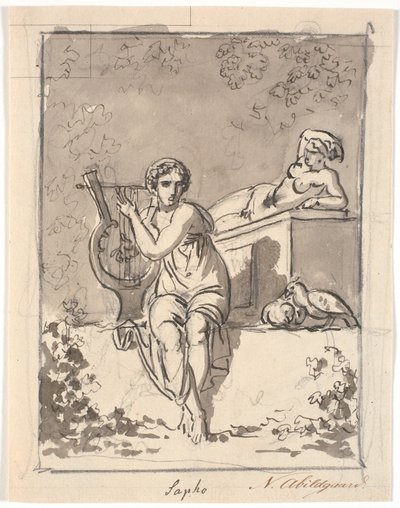 Sappho, assise avec sa lyre, en arrière-plan repose un hermaphrodite - Nicolai Abildgaard
