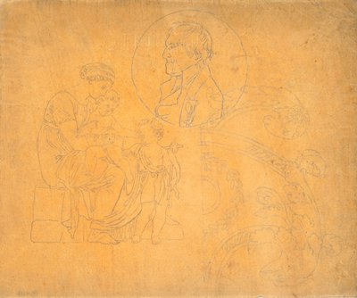 Femme assise avec deux enfants et portrait de profil en composition circulaire - Nicolai Abildgaard