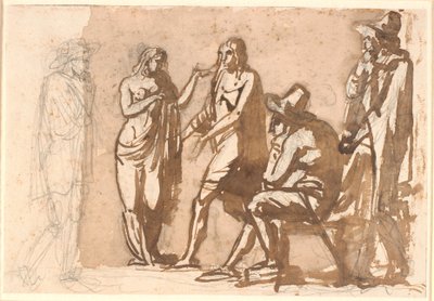 Trois hommes en costumes du XVIIe siècle regardant un jeune couple classique - Nicolai Abildgaard