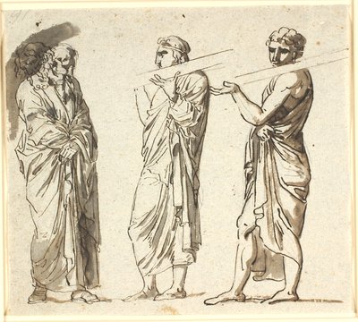 Trois hommes debout, les deux plus jeunes portant chacun une planche sur l