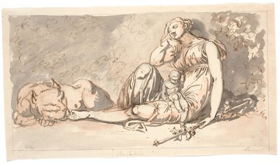 Esquisse pour un linteau de porte. Le sommeil, une figure féminine allongée avec un petit enfant et à sa droite un lion - Nicolai Abildgaard