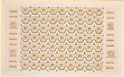 Esquisse pour un plafond avec des caissons hexagonaux et des rosettes en jaune et violet - Nicolai Abildgaard