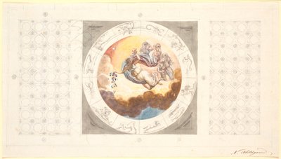 Esquisse pour une décoration de plafond avec caissons et au centre une image circulaire avec le matin répandant des fleurs - Nicolai Abildgaard