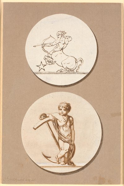 Esquisse pour deux reliefs circulaires, en haut un centaure archer, en bas un petit garçon appuyé sur une ancre - Nicolai Abildgaard