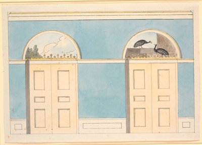 Esquisse pour décoration murale avec panneaux semi-circulaires au-dessus de deux portes, sur murs bleus - Nicolai Abildgaard