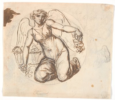 Figure féminine ailée dans un cercle. À droite, étude du pied gauche de la figure - Nicolai Abildgaard