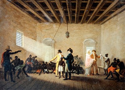 Un intérieur avec des marchands d