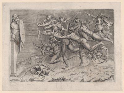 Archers nus tirant sur une cible attachée à un hermès, Cupidon dormant en dessous - Nicolas Beatrizet