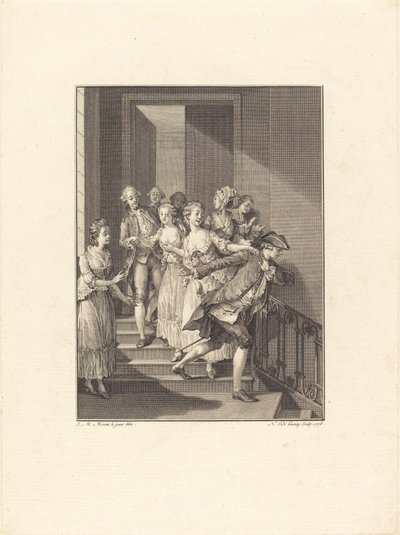 Saint-Preux sort de chez des femmes du monde - Nicolas Delaunay after Jean Michel Moreau