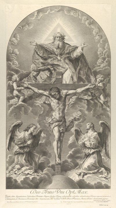 La Sainte Trinité, Christ en croix flanqué de deux anges, le Saint-Esprit en colombe - Nicolas Dorigny