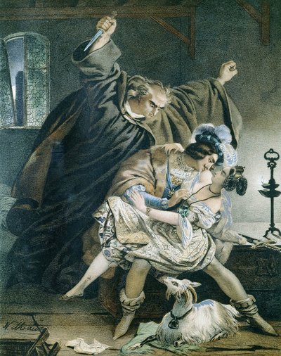 Esmeralda, Phoebus et Claude Frollo (Notre Dame de Paris) par Victor Hugo. Illustration de Nicolas Eustache Maurin (1799-1850). Collection privée. - Nicolas Eustache Maurin