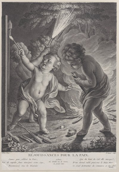 Célébration de la paix, trois putti avec des feux d