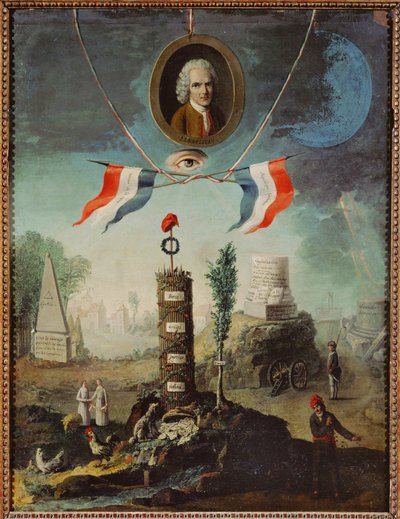 Allégorie de la Révolution française avec un portrait de Jean-Jacques Rousseau et un bonnet phrygien jacobin ... - Nicolas Henri Jeaurat de Bertry