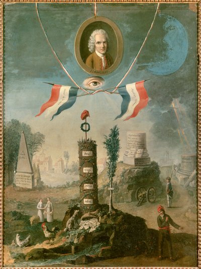 Allégorie révolutionnaire : Portrait de Jean-Jacques Rousseau, philosophe suisse (1712-1778), avec des symboles de la révolution - Nicolas Henri Jeaurat de Bertry