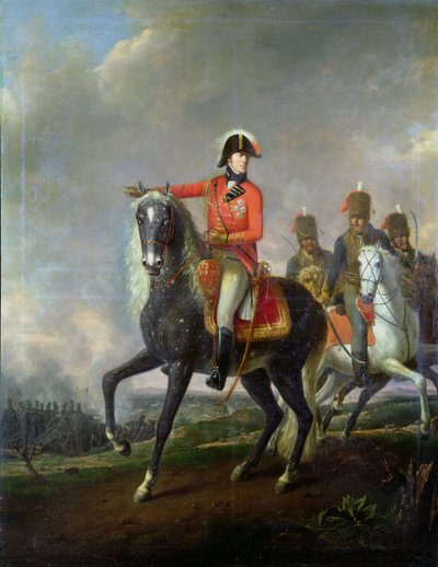 Portrait équestre du duc de Wellington avec des hussards britanniques sur un champ de bataille, 1814 - Nicolas Louis Albert Delerive