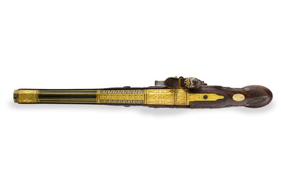 Une des deux pistolets à silex rayés montés en argent, Versailles, 1825 - Nicolas Noel Boutet
