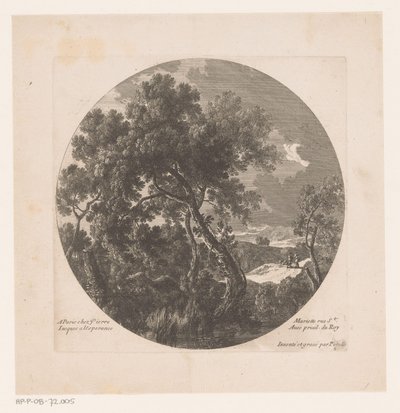 Paysage avec des arbres et deux bergers près d