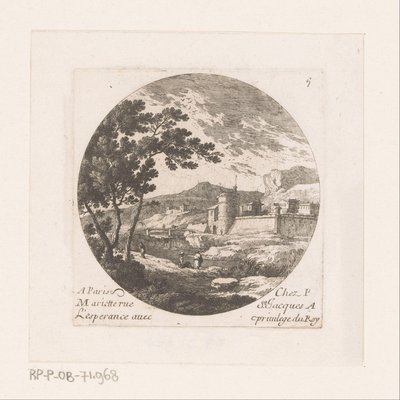 Ville fortifiée et figures près d
