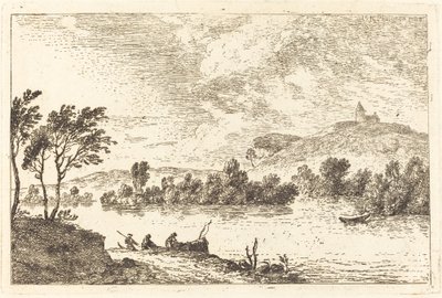 Paysage fluvial avec personnages et bateau au bord de l
