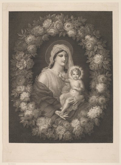 Marie avec enfant dans une couronne de fleurs - Nicolas Pinet