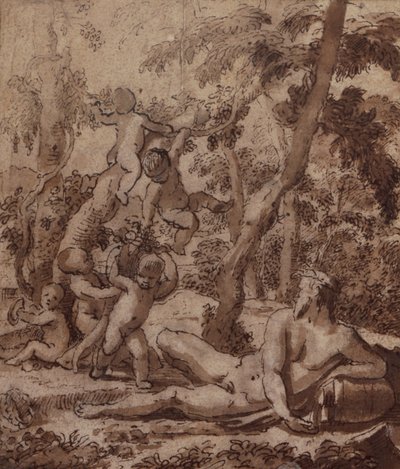 Un paysage boisé avec un dieu de la rivière et des putti - Nicolas Poussin