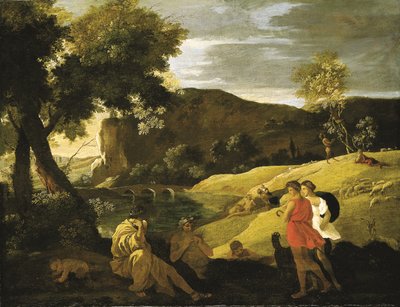 Paysage arcadien avec des histoires des légendes de Pan et Bacchus - Nicolas Poussin