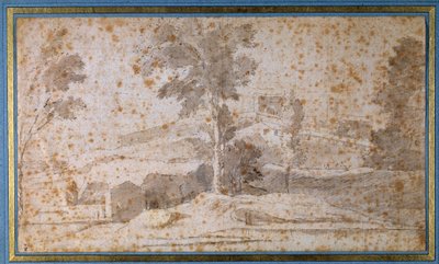 Paysage avec un grand arbre au centre et un belvédère - Nicolas Poussin
