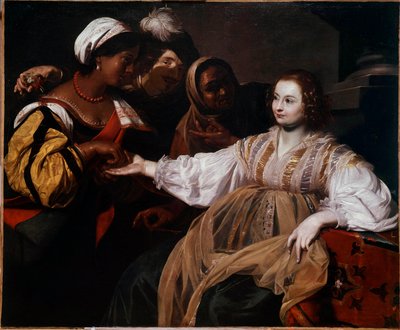 La diseuse de bonne aventure Une femme est venue consulter une chiromancienne. Peinture de Nicolas Régnier (1591-1667) Dim. 1,2x1,5 m - Nicolas Regnier