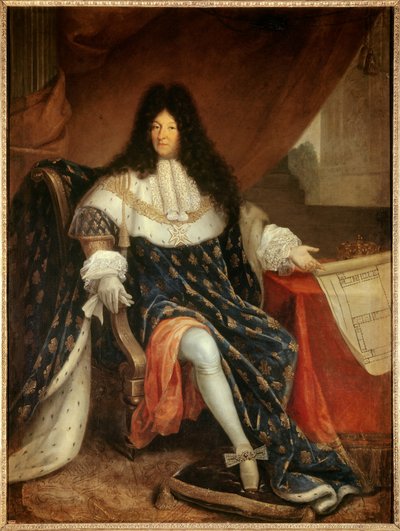 Portrait en pied de Louis XIV (1638-1715) tenant le plan de la maison royale de Saint Cyr. Peinture par Nicolas René Jollain l