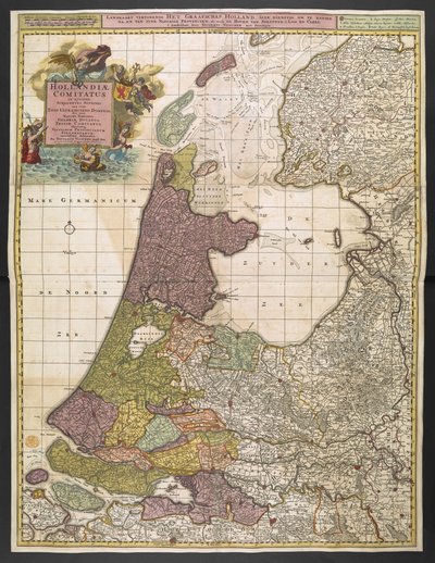 Carte de la Hollande, montrant les colonies, marais, bois, collines, routes, rivières et autres caractéristiques géographiques. Montre le titre dans un cartouche décoratif en haut à gauche avec la Renommée, Neptune et Thétis accompagnés de putti portant le - Nicolas Visscher