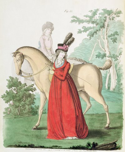 Une dame sortant à cheval en tenue de cavalière de la Galerie de la mode de Nikolaus Heideloff, Vol II, juin 1795 - Nicolaus von Heideloff
