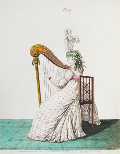 Dame jouant de la harpe en robe de soirée de la Galerie de la Mode de Nikolaus Heideloff, Vol II, avril 1795 - Nicolaus von Heideloff