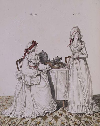 Deux dames au petit déjeuner dans leur chambre, portant des bonnets de nuit et des peignoirs, de `Galerie de la mode
