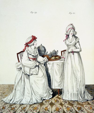Deux dames au petit-déjeuner dans leur salle de toilette, portant des bonnets de nuit et des peignoirs, de la 