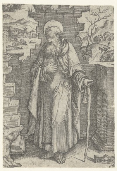 Saint Antoine le Grand avec une croix en tau et un cochon - Nicoletto da Modena